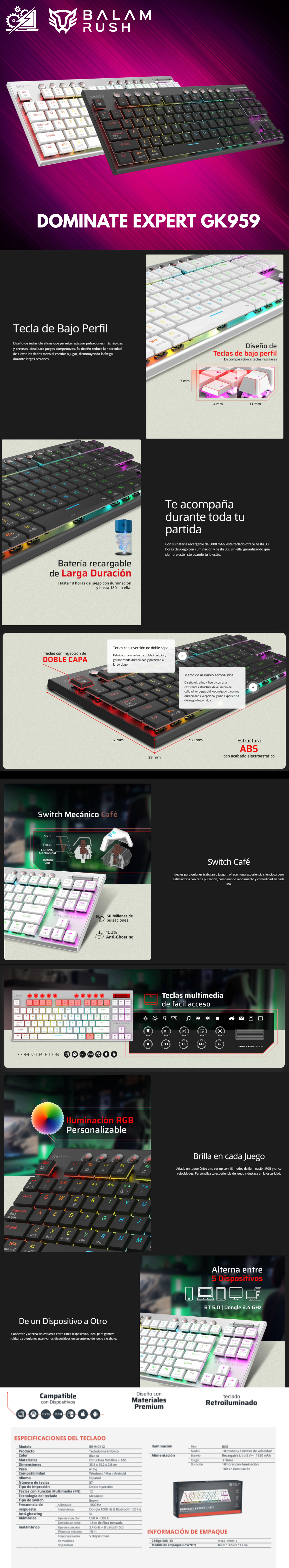 Teclado Gamer Inalámbrico DOMINATE EXPERT GK959 Balam Rush Legend Series/ Conecta Multidispositivo/ Color Blanco/ BR-940412 / SWITCH BROWN