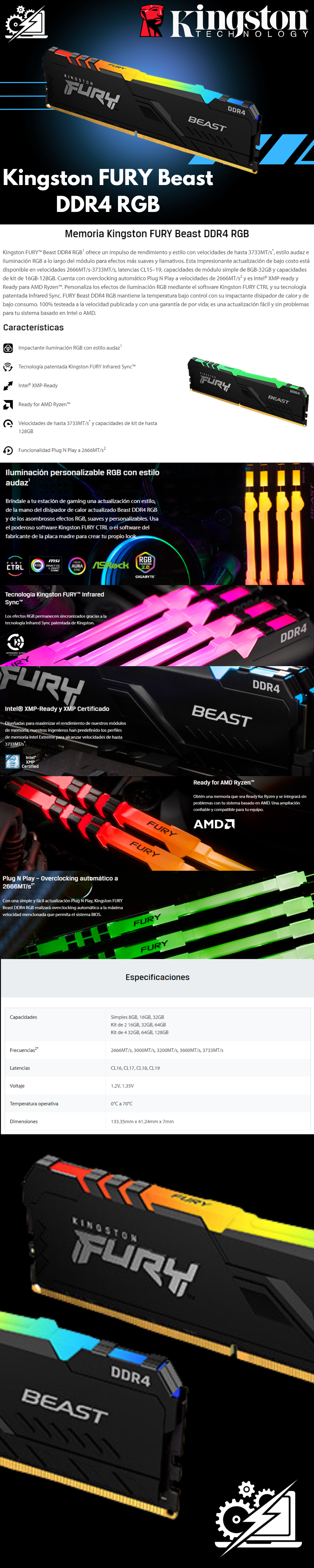 Memoria RAM 32GB DDR4 Kingston Fury Beast RGB 3200Mhz / Un Modulo 32GB / KF432C16BBA/32 /