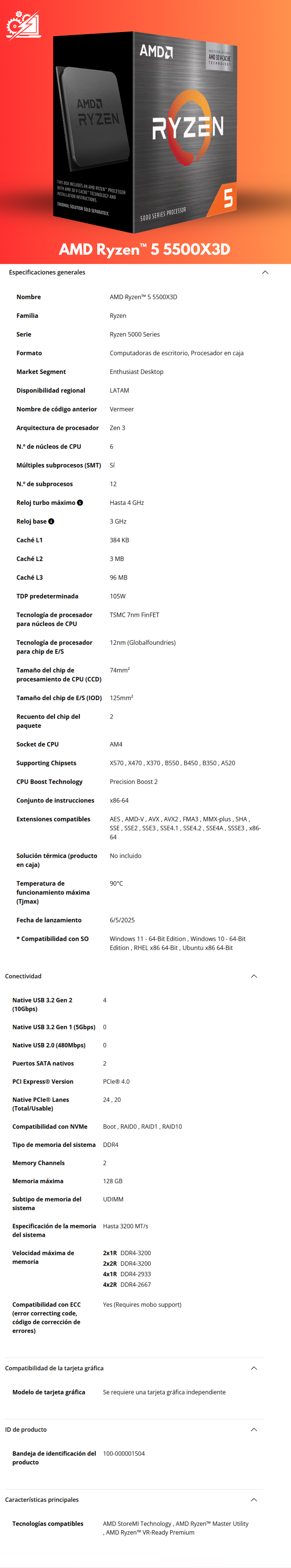 Procesador AMD Ryzen 5 5500X3D / 6 Core / 12 Thread / 3 GHz / Boost Up tp 4 GHz / TDP 105W / (Requiere Tarjeta de Video)