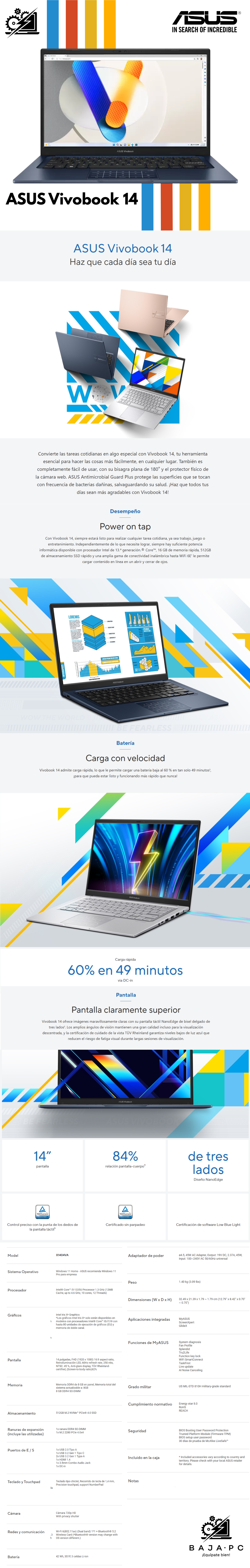 Laptop Asus Vivobook X1404V / Intel Core I5-1334U / 12GB RAM / 256GB SSD / Pantalla 14" FHD / Color Quiet Blue / W11 Home / Teclado en Ingles / Promocion
