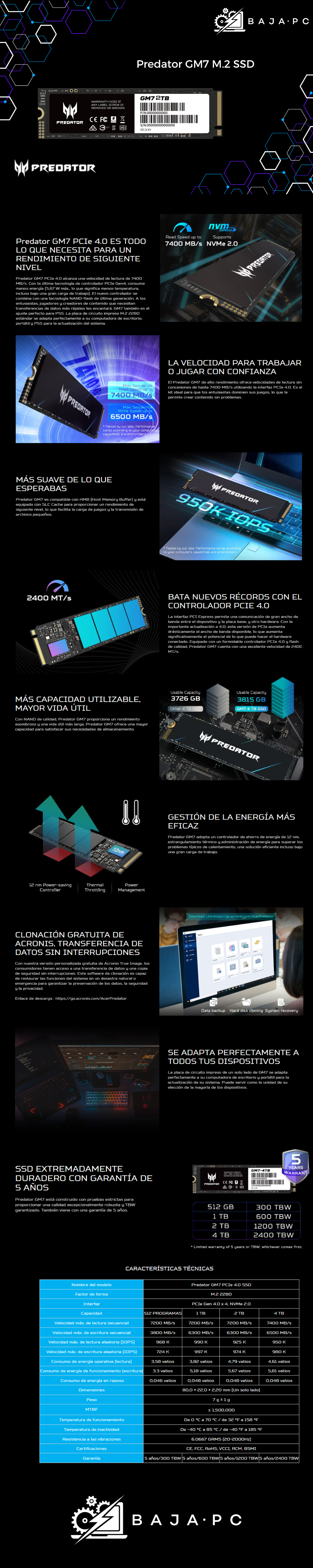 Unidad de Estado Sólido Acer GM7 NVMe / 2TB / PCI Express 4.0 / M.2 / GM7-2TB