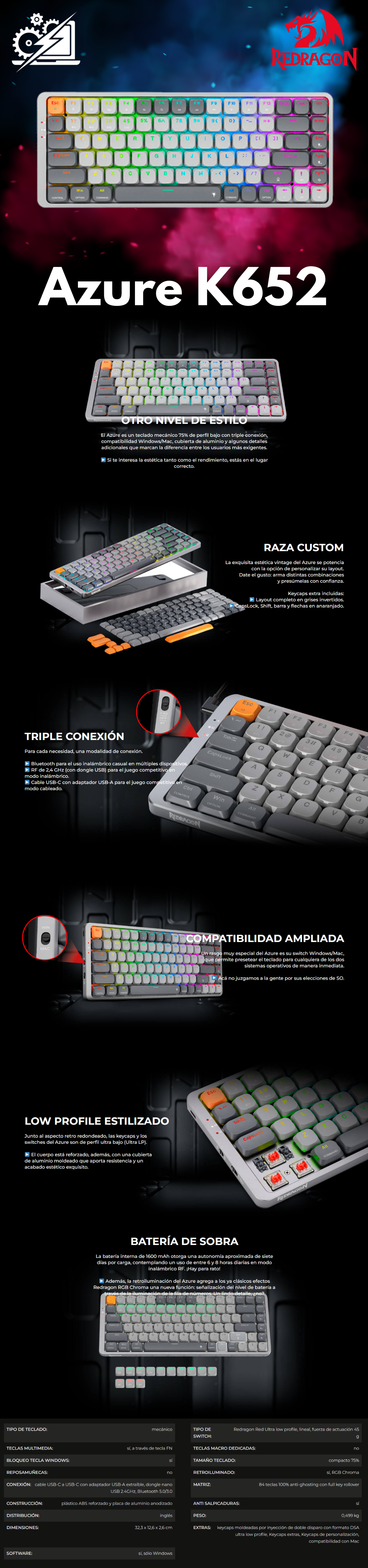 Teclado Gamer REDRAGON AZURE K652GG-RGB / Teclado Mecánico / Switch RED / Inalámbrico / K652GG-RGB-PRO