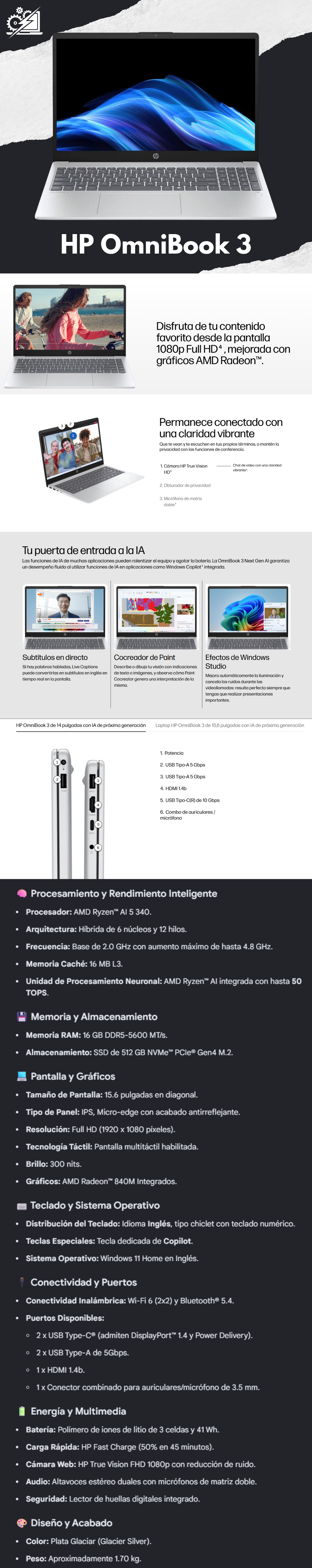 HP 15FN0505NR - Portátil con visualización táctil OmniBook 3 de 15.6" - AMD Ryzen AI 5 340 - Gráficos AMD Radeon 800M - SSD de 16 GB/512 GB