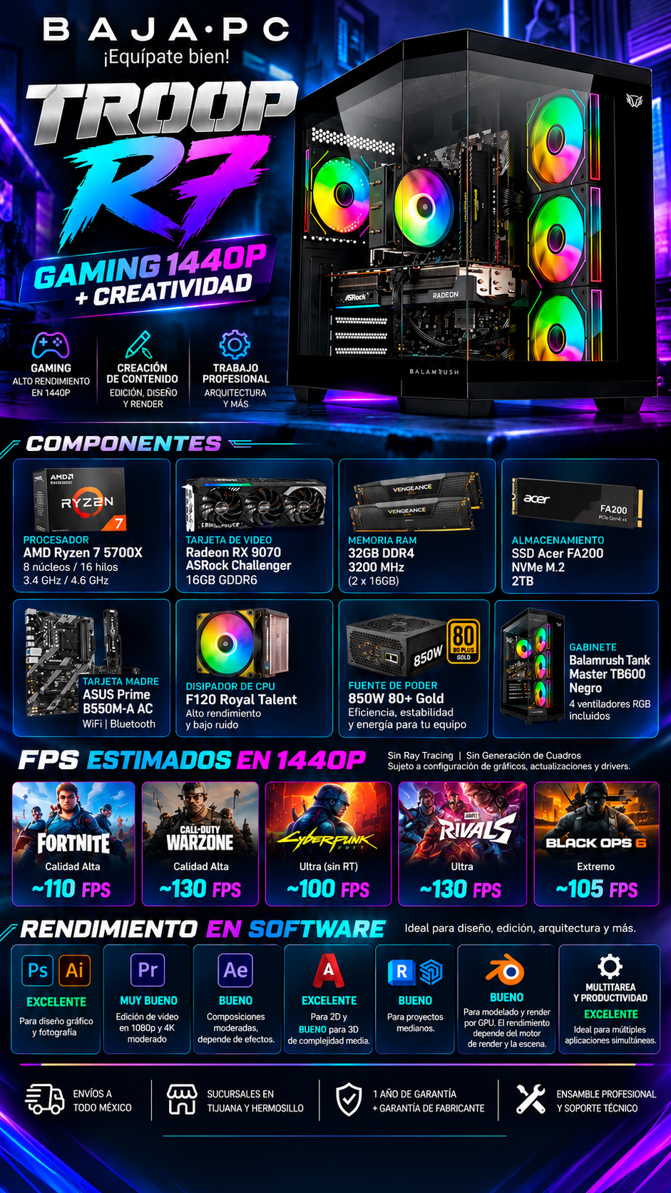 PC TROOP R7 / AMD RYZEN 7 5700X / RADEON RX 9070 16GB / 32GB RAM DDR4 / 2TB SSD NVME / DISIPADOR DE TORRE 120MM / WIFI Y BT / FUENTE 850W 80+ GOLD / W11 PRO / PROMOCION