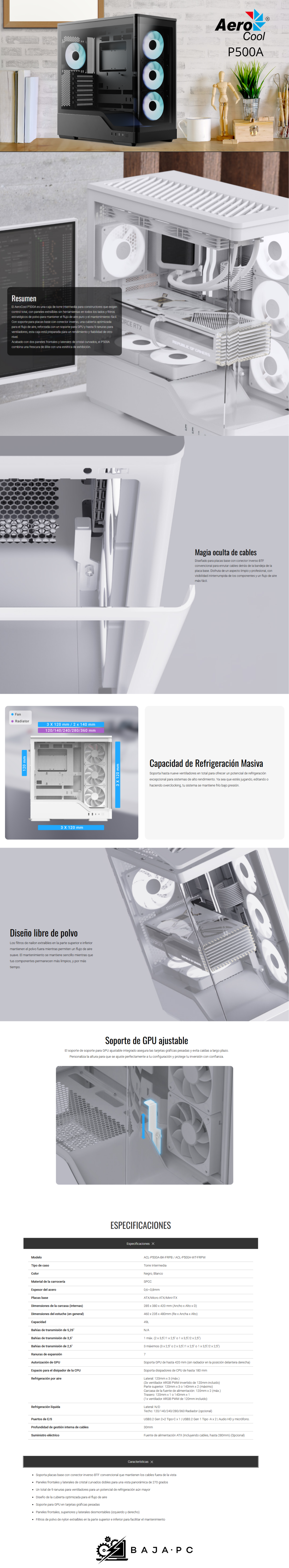 Gabinete Aerocool P500A / Mid Tower / Panel Panorámico de Cristal Templado / 4 Ventiladores ARGB Incluidos / NEGRO/ ACL-P500A-BK-FRPB