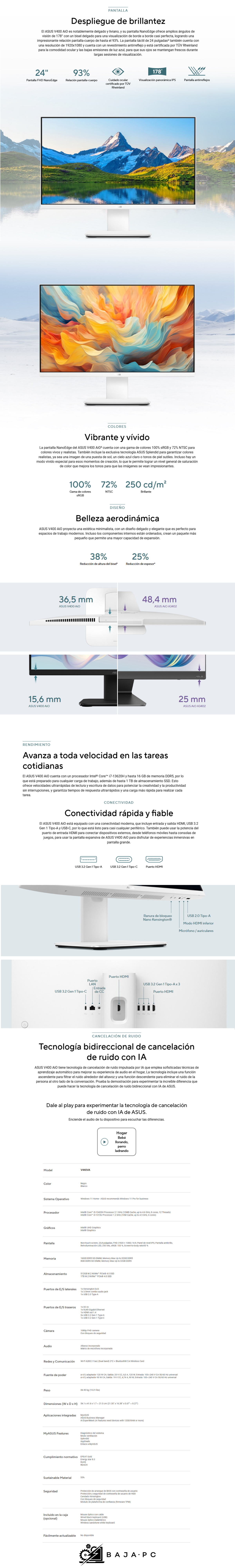 Computadora All in One Asus V440VA / Intel Core I5-13420H / 16GB RAM DDR5 / 512GB SSD NVME / Pantalla Touch 23.8 FHD / Teclado y Mouse incluido / W11 Home / Promocion