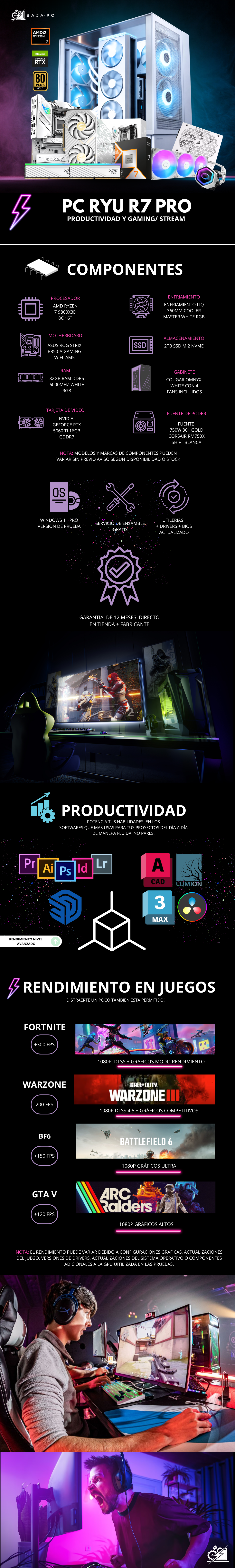 PC RYU R7 PRO / AMD RYZEN 7 9800X3D / RTX 5060 TI 16G / 32GB RAM DDR5 / 2TB SSD NVME / ENFRIAMIENTO LIQ 360MM / FUENTE 750W 80+ GOLD / W11 PRO / PROMOCION