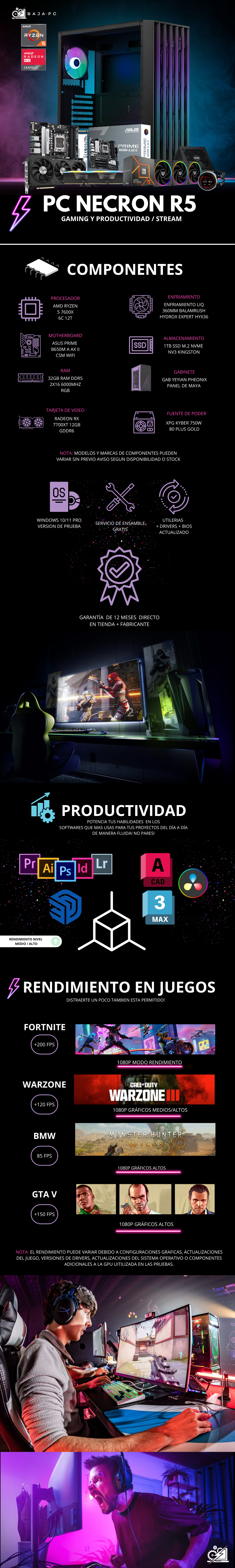 PC NECRON R5 / AMD RYZEN 5 7600X / RADEON RX 7700XT / 32GB RAM DDR5 / 1TB SSD NVME / ENFRIAMIENTO LIQ 360MM / FUENTE 750W 80+ GOLD / PROMOCION