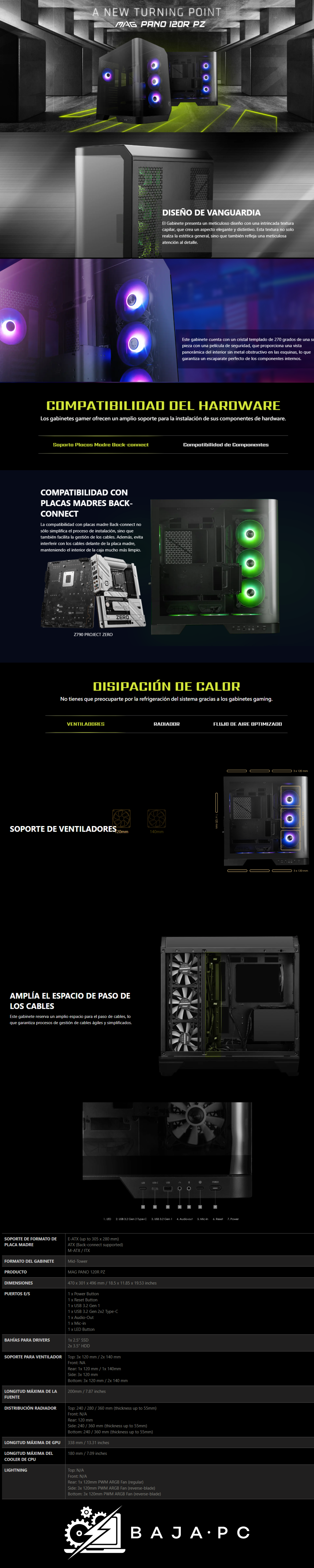 Gabinete MSI MAG PANO 120R PZ / Cristal Templado / E-ATX / USB 3.2 / Incluye 7 Ventiladores / Sin Fuente / Negro / Compatible Con Tarjetas Madre Back Connect