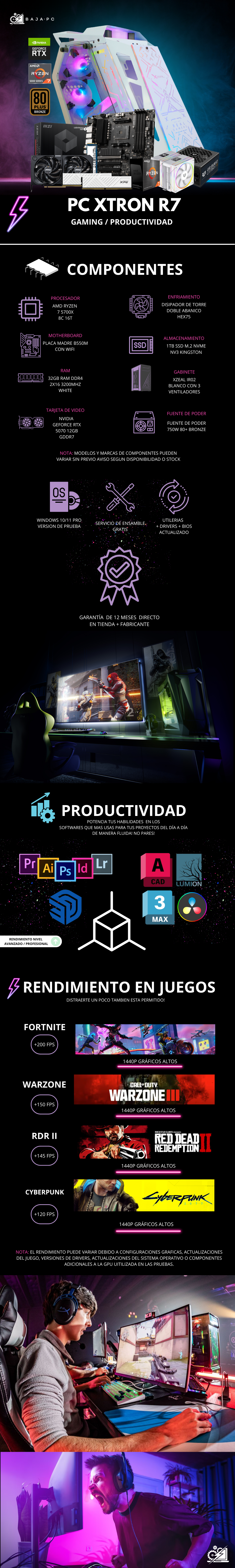 PC XTRON R7 / AMD RYZEN 7 5700X / RTX 5070 / 32GB RAM / 1TB SSD NVME / DISIPADOR DE TORRE DOBLE / FUENTE 750W 80+ BRONZE / PROMOCION
