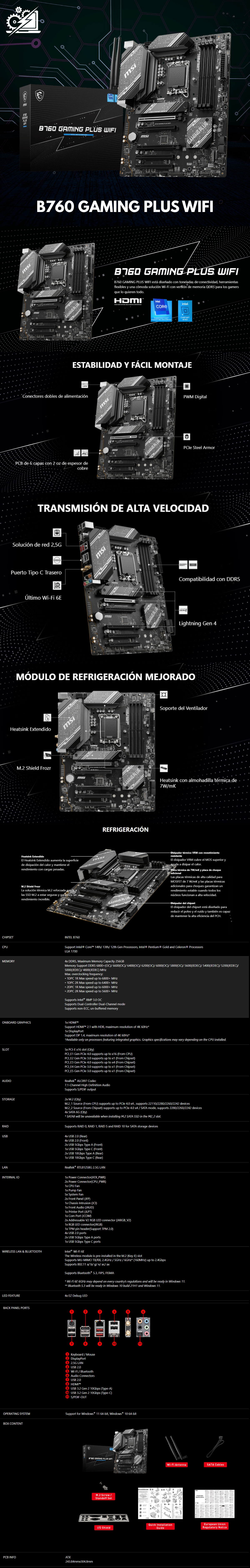 Tarjeta Madre MSI B760 GAMING PLUS WIFI, ATX, LGA 1700, Intel B760, 192GB DDR5, HDMI/DP para Intel