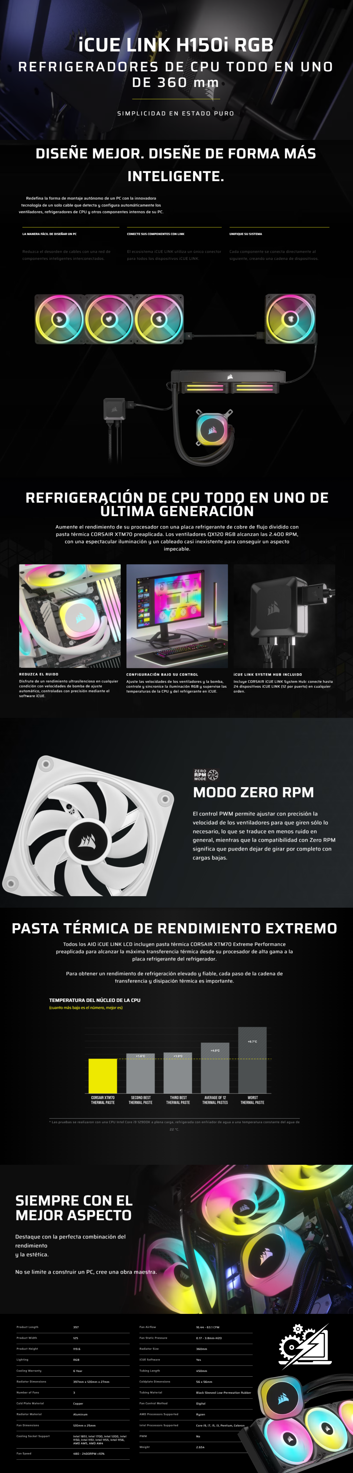 Enfriamiento Líquido Corsair iCUE Link H150i RGB AIO / 3x120mm / 480-2400RPM / Negro / CW-9061003-WW