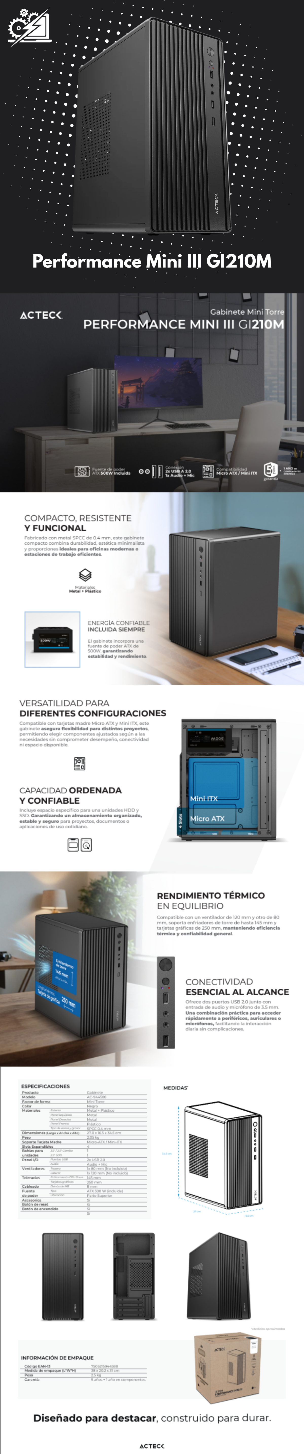 Gabinete Acteck MINI III GI210M, Mini-Tower, Micro-ATX/Mini-ITX, USB 2.0, con Fuente de 500W, sin Ventiladores Instalados, Negro