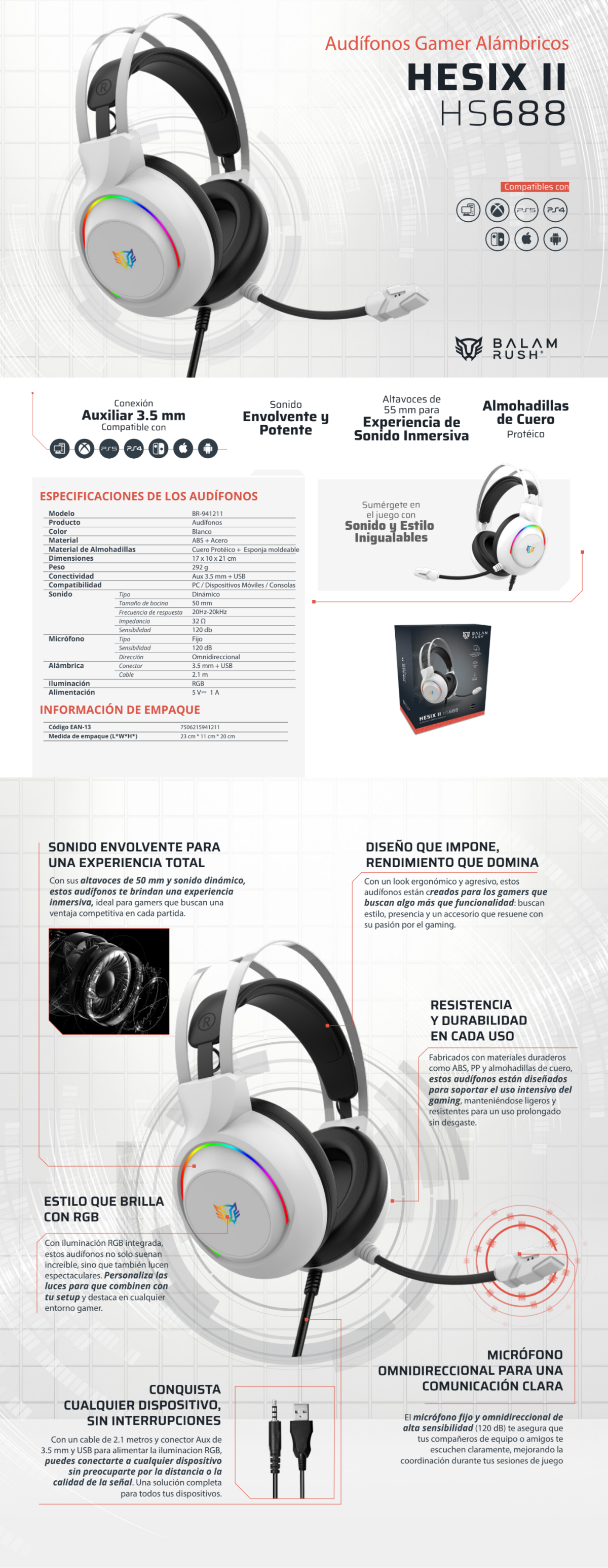 Balam Rush Audifonos Diadema Gamer HESIX II HS688 Microfono USB/Jack 3.5mm RGB BLANCO