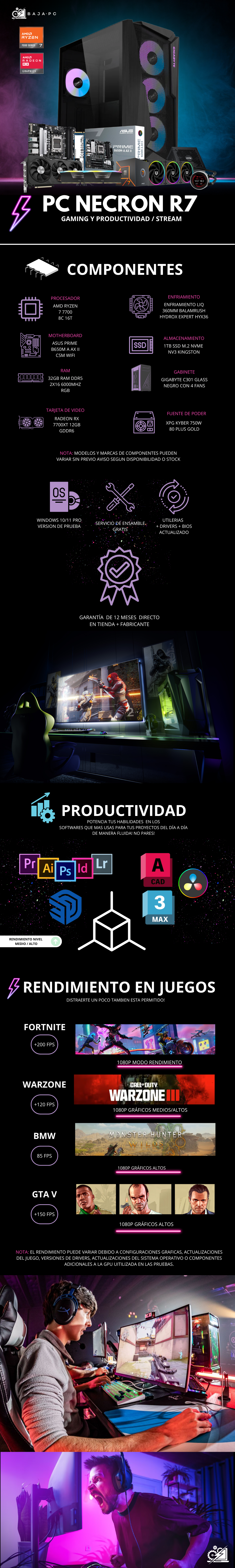 PC NECRON R7 / AMD RYZEN 7 7700/ RADEON RX 7700XT / 32GB RAM DDR5 /1TB SSD M.2 NVME / FUENTE 750W 80+ GOLD / ENFRIAMIENTO LIQ 360MM / PROMOCION
