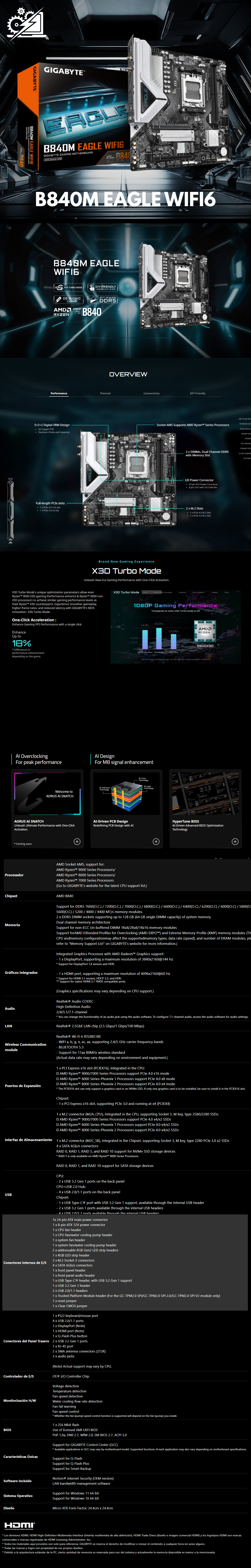 Tarjeta Madre Gigabyte B840M EAGLE WIFI6, Micro-ATX, Socket AM5, AMD B840, 128GB DDR5, HDMI/DP para AMD