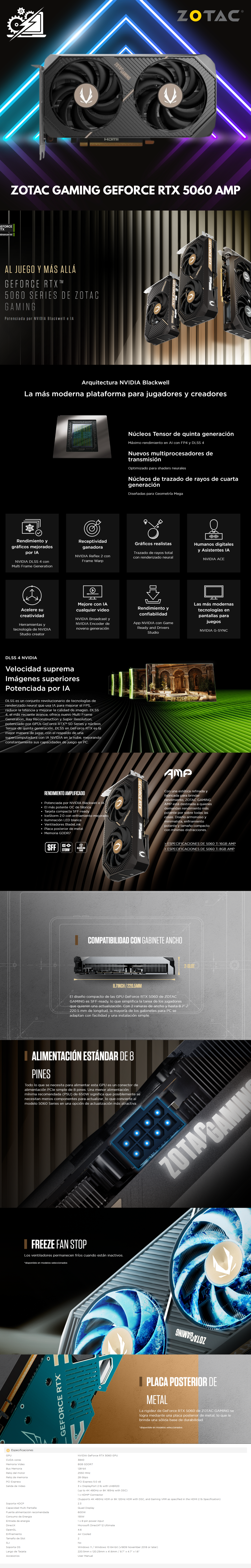 Tarjeta de Video Zotac NVIDIA GeForce RTX 5060 AMP / 8GB 128-bit GDDR7 / PCI Express x8 5.0 / ZT-B50600F-10M