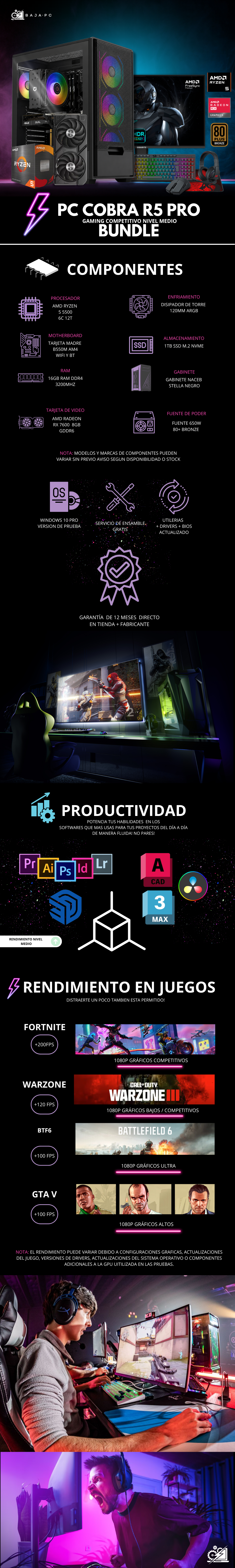 PC COBRA PRO R5 BUNDLE / AMD RYZEN 5 5500 / RADEON RX 7600 / 16GB RAM / 1TB SSD NVME / FUENTE 650W 80+ BRONZE / W11 PRO / MONITOR 24" FHD 200HZ / KIT TECLADO Y MOUSE / PROMOCION