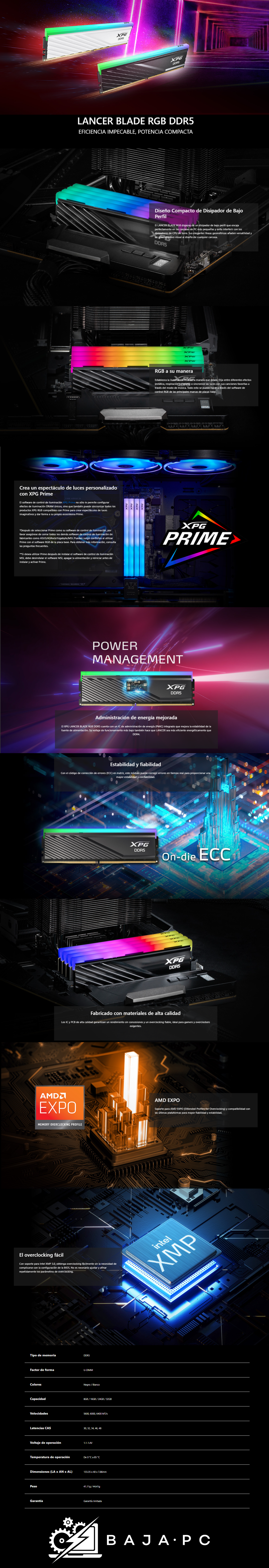 Memoria RAM XPG Lancer Blade RGB DDR5 / 6000MHz / 2x24GB / ECC / CL30 / XMP / Negro / AX5U6000C3024G-DTLABRBK/