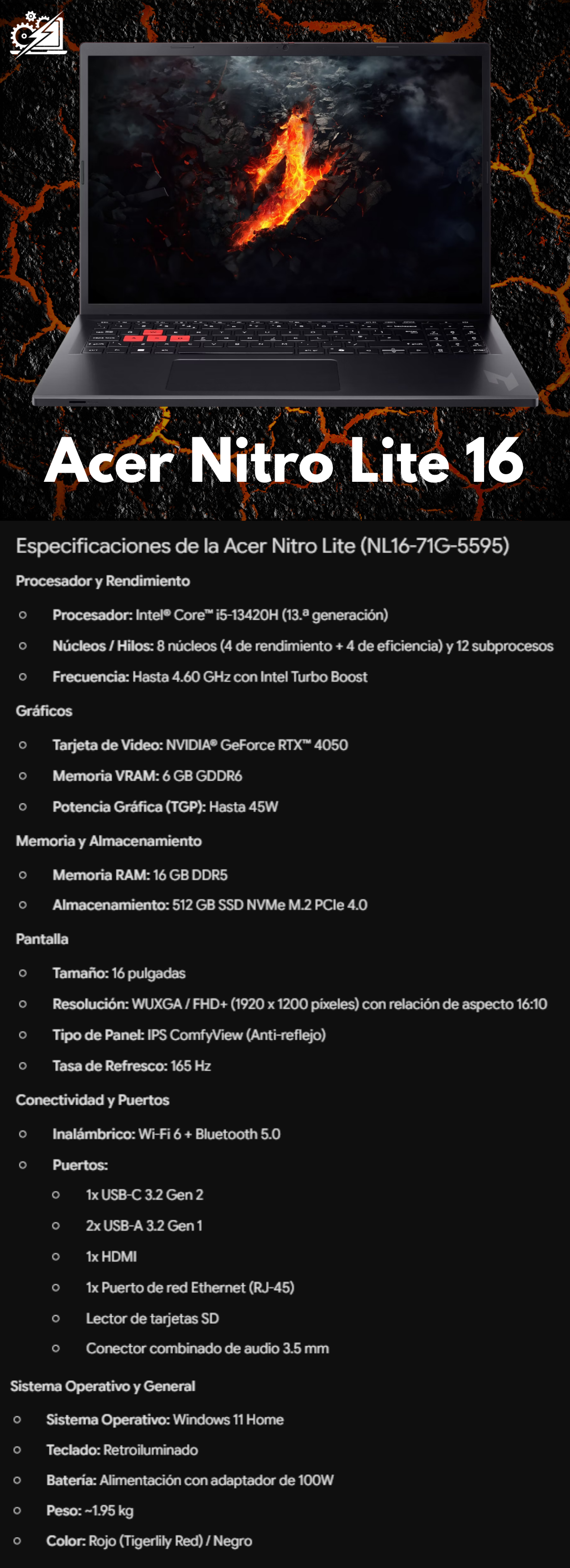 Acer Nitro Lite / Intel® Core™ i5-13420H / GeForce RTX™ 4050 / 16 GB DDR5 / 512 GB / 16" / *Equipo outlet de exhibición*