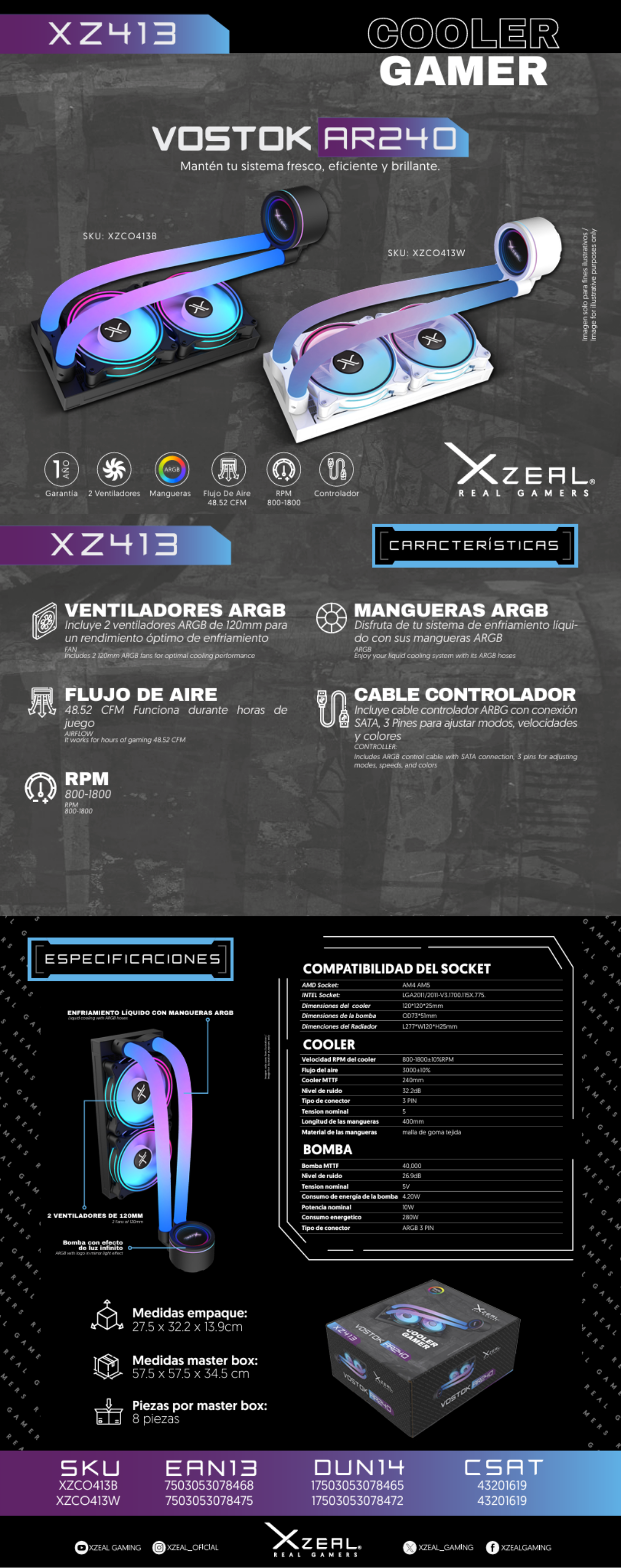 Enfriamiento Liquido Xzeal 240mm Redondo XZ413 para CPU 2 Fan x120mm Mangueras ARGB 3 pines + PWM 4 pines + Seguro para INTEL/AMD Negro