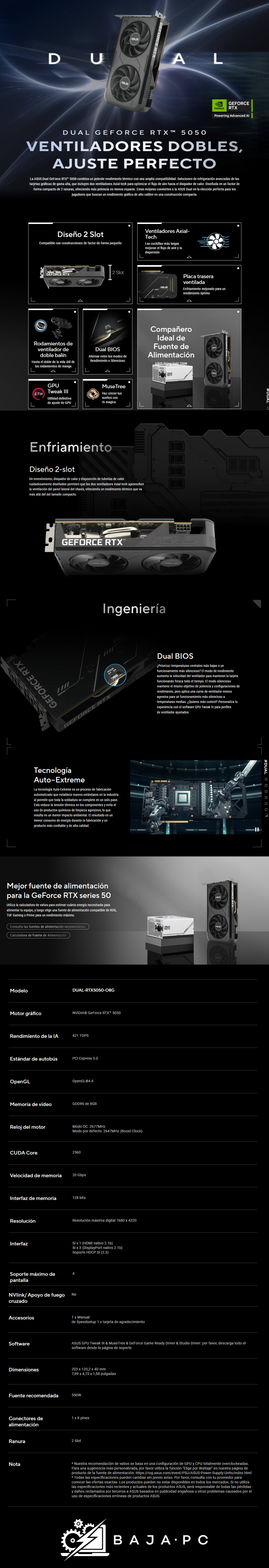 Tarjeta de Video ASUS DUAL NVIDIA GeForce RTX 5050 OC Edition / 8GB / 128-bit GDDR6 / PCI Express 5.0 / DUAL-RTX5050-O8G 