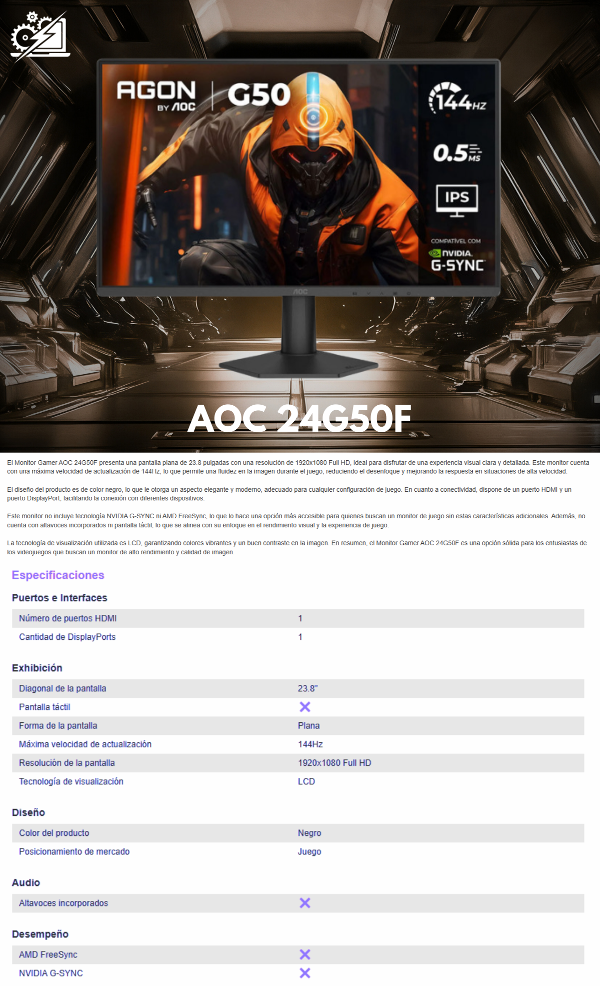 Monitor AOC 24G50F | 23.8" | 1920 x 1080 (FHD) | IPS | 144 Hz | 0.5 ms (MPRT) / 1 ms (GTG) | HDR / HDR10 | HDMI 2.0 / DisplayPort 1.4 / Jack 3.5 mm | Negro | 24G50F