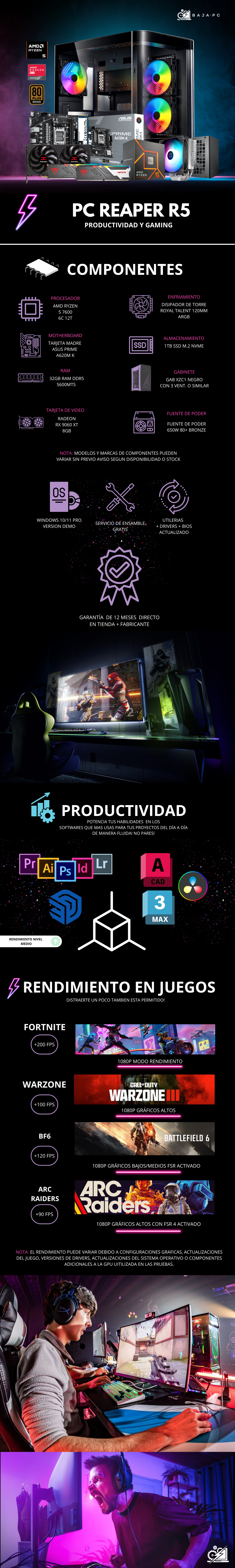 PC REAPER R5 / AMD RYZEN 5 7600 / RADEON RX 9060 XT 8G / 32GB RAM DDR5 / 1TB SSD NVME / DISIPADOR DE TORRE / FUENTE 650W 80+ BRONZE / W11 PRO  / PROMOCION