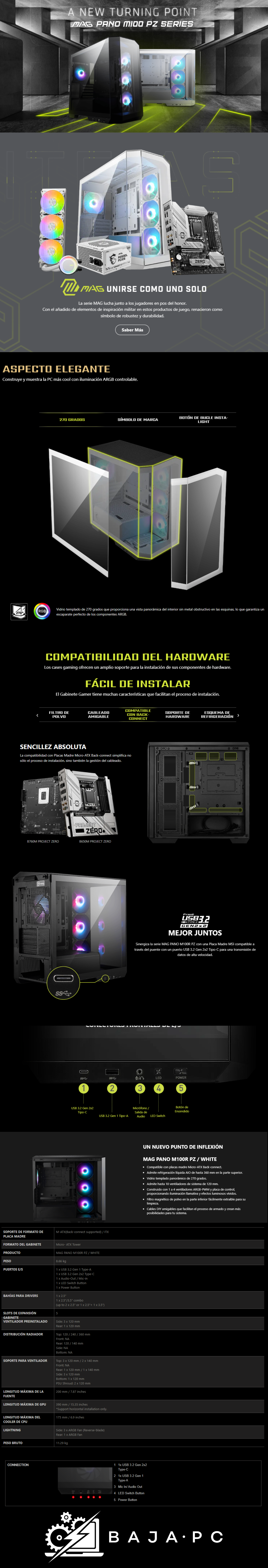 Gabinete MSI MAG PANO M100R PZ con Ventana ARGB, Micro-Tower, Micro-ATX/ITX, USB 3.2, sin Fuente, 4 Ventiladores ARGB Instlados, Negro