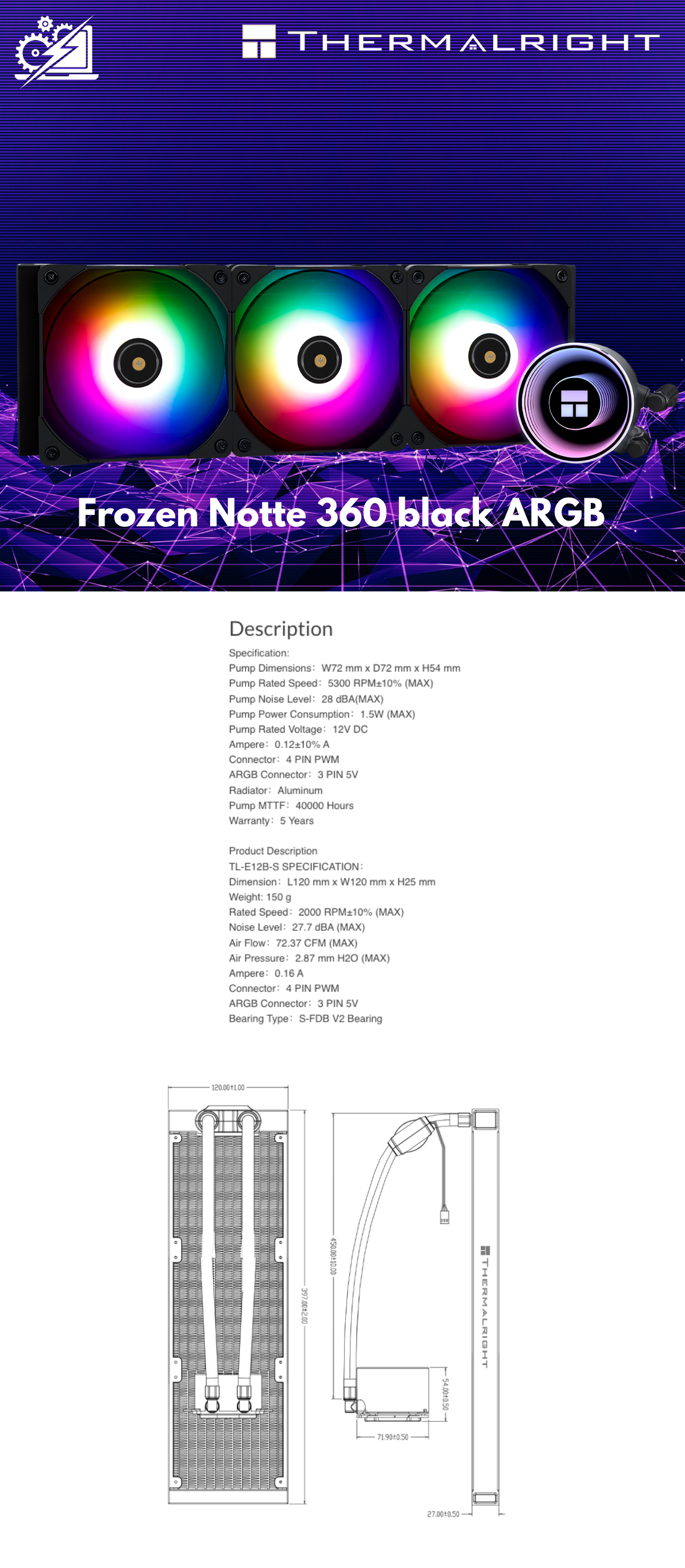 Thermalright FROZEN NOTTE 360 Black ARGB V2 enfriador de CPU de refrigeración por agua,3 ventiladores PWM, adecuado para AM4/AM5, Intel lga1700/1851/1150/1151/1155/1200/2011