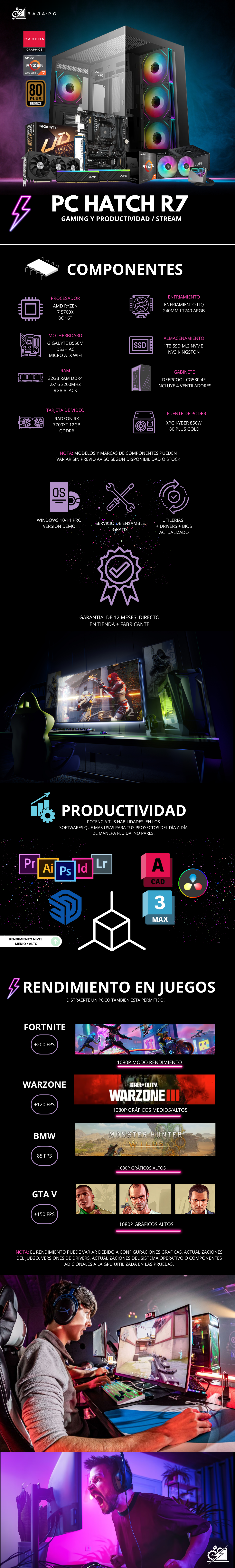 PC HATCH R7 / AMD RYZEN 7 5700X / RADEON RX 7700XT / 32GB RAM / 1TB SSD M.2 NVME / FUENTE 850W 80+ GOLD / ENFRIAMIENTO LIQ 240MM ARGB / PROMOCION