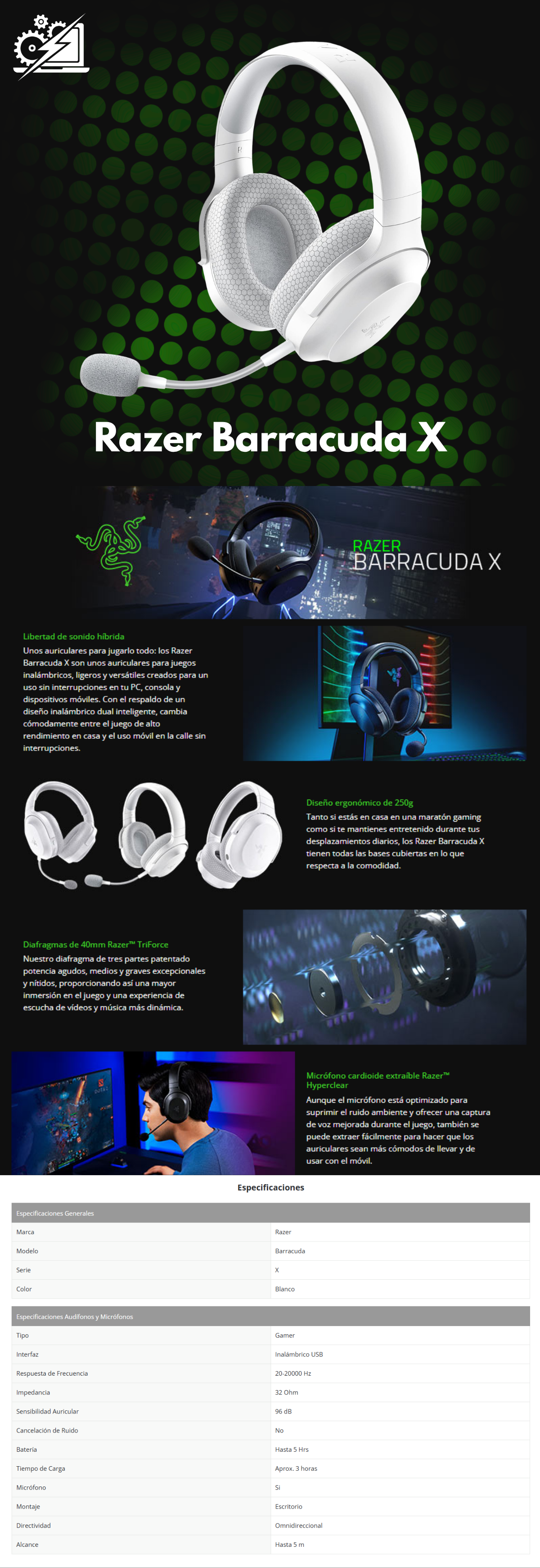 Razer Barracuda X Auriculares Gaming & Móviles Inalámbricos (PC, PlayStation, Switch, Android, iOS): 2.4GHz Inalámbrico + Bluetooth - Ligero - Drivers de 40mm - Micrófono Desmontable - Blanco Mercurio