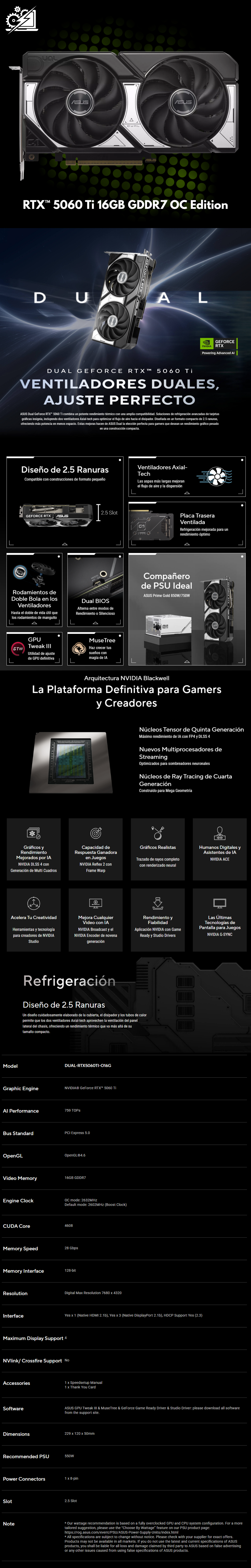 Tarjeta de Video ASUS NVIDIA GeForce RTX 5060 Ti DUAL OC Edition / 16GB / 128-bit GDDR7 / PCI Express Gen 5