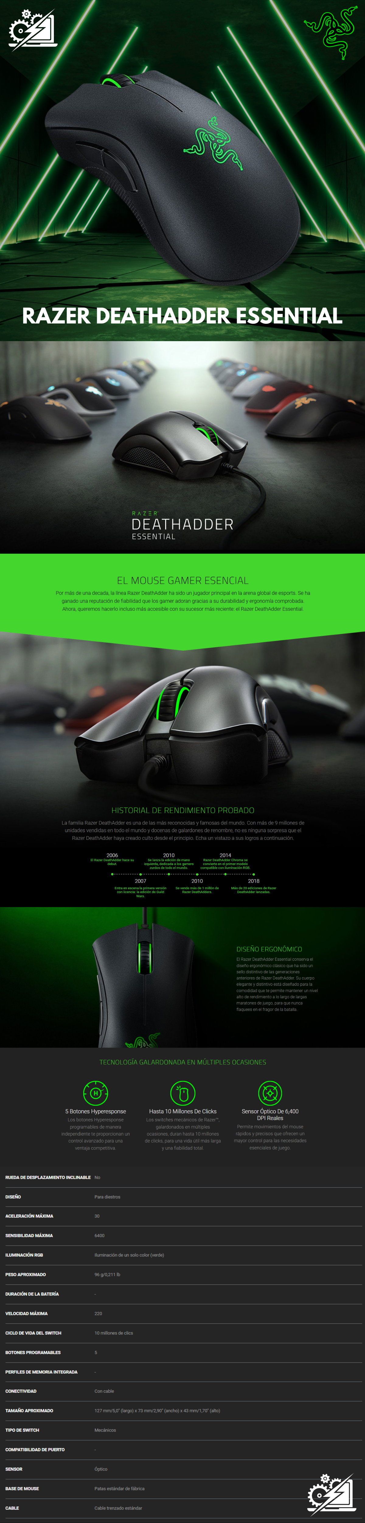 Mouse Gamer Razer DEATHADDER ESSENTIAL / Control DPIs / USB / 5 Botones Propgramables / 6400 DPIs / RZ01-02540400-B 