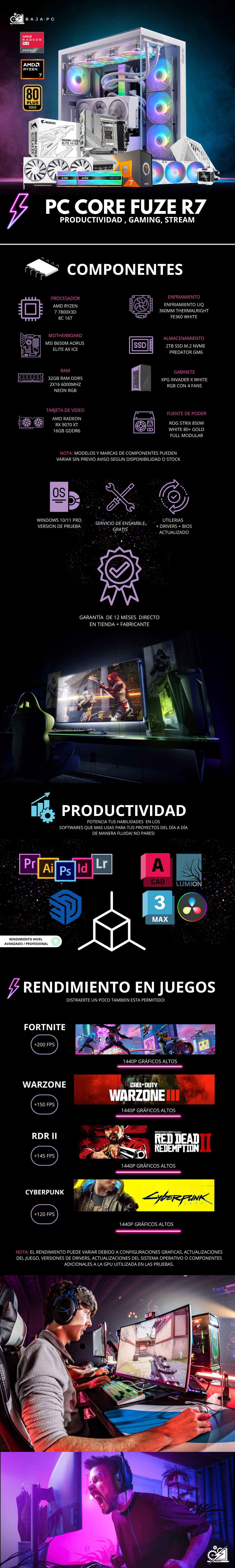PC CORE FUZE R7 / AMD RYZEN 7 7800X3D/ RADEON RX 9070 XT 16G / 32GB RAM DDR5 / 2TB SSD NVME / ENFRIAMIENTO LIQ 360MM / FUENTE 850W 80+ GOLD / W11 PRO /  PROMOCION