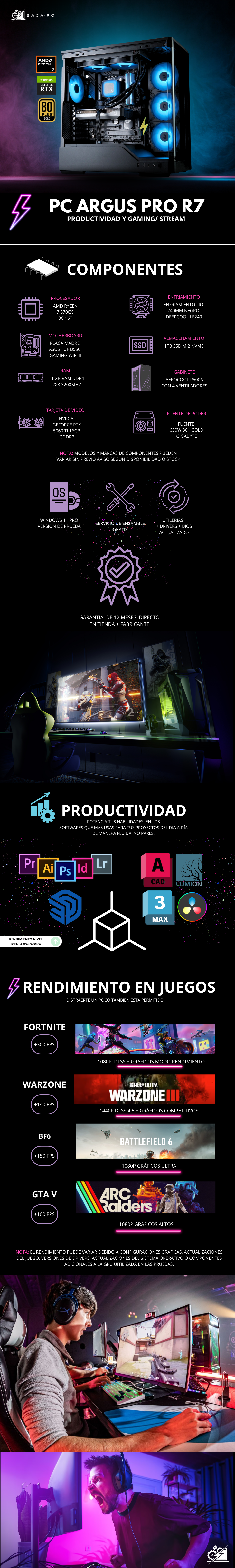 PC ARGUS PRO R7/ AMD RYZEN 7 5700X / RTX 5060 TI 16GB / 16GB RAM / 1TB SSD NVME / ENFRIAMIENTO LIQ 240MM / FUENTE 650W 80+ GOLD / W11 PRO / PROMOCION