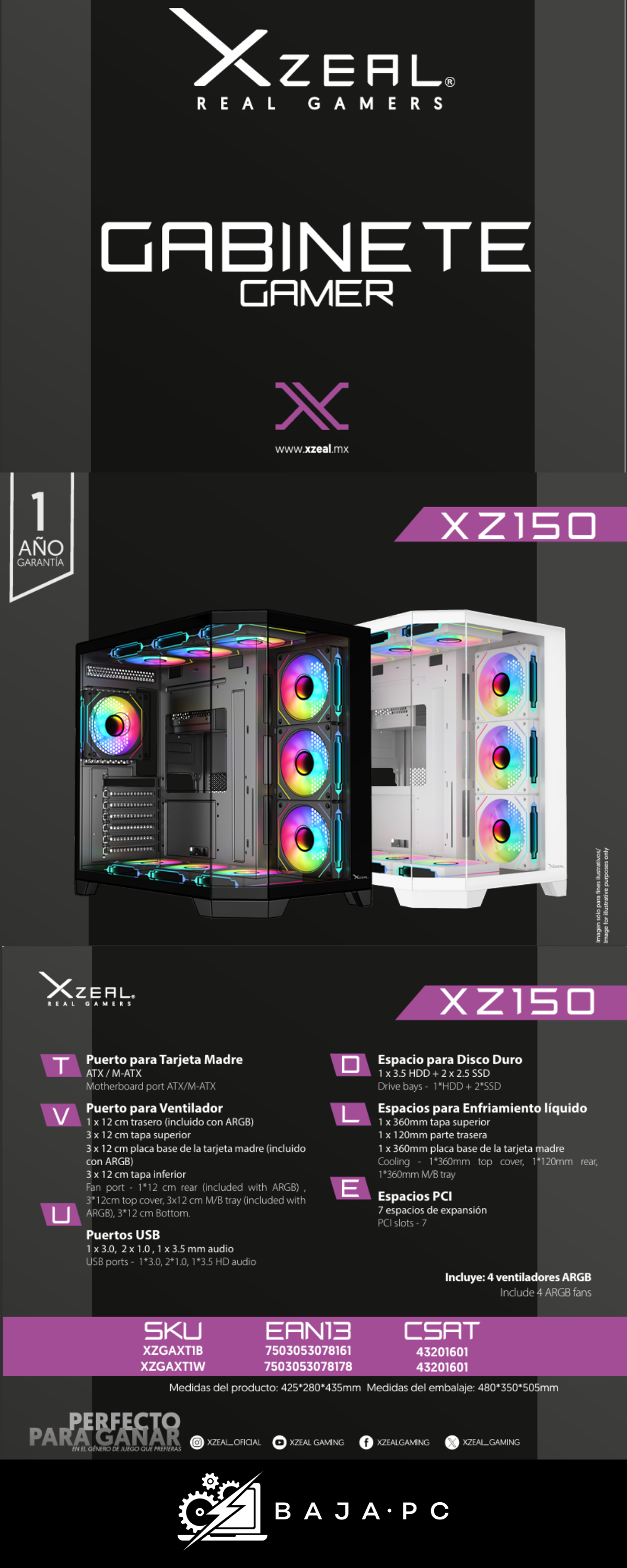Gabinete Xzeal XZ150, ATX, Cristal Templado, 4x Ventiladores ARGB, blanco - XZGAXT1W