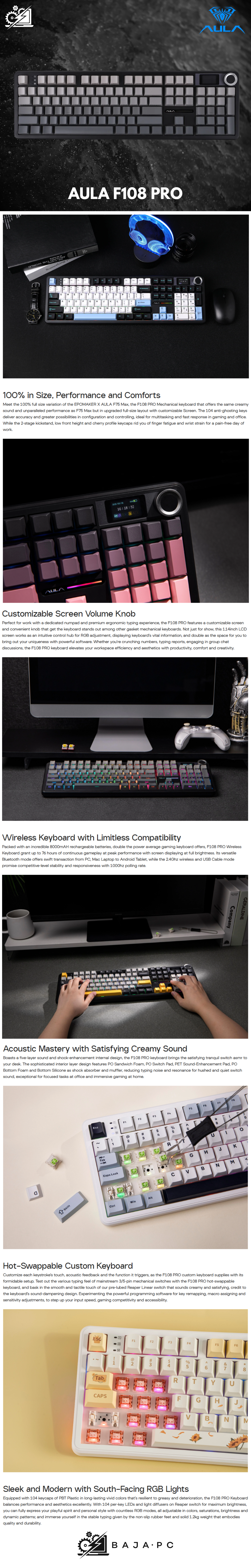 Teclado Mecanico Gamer AULA F108 PRO / 1800 / 104 Keys / USB, 2.4Ghz / Bluetooth 5.0 / Cable Wired / RGB /  8000mAh / Negro