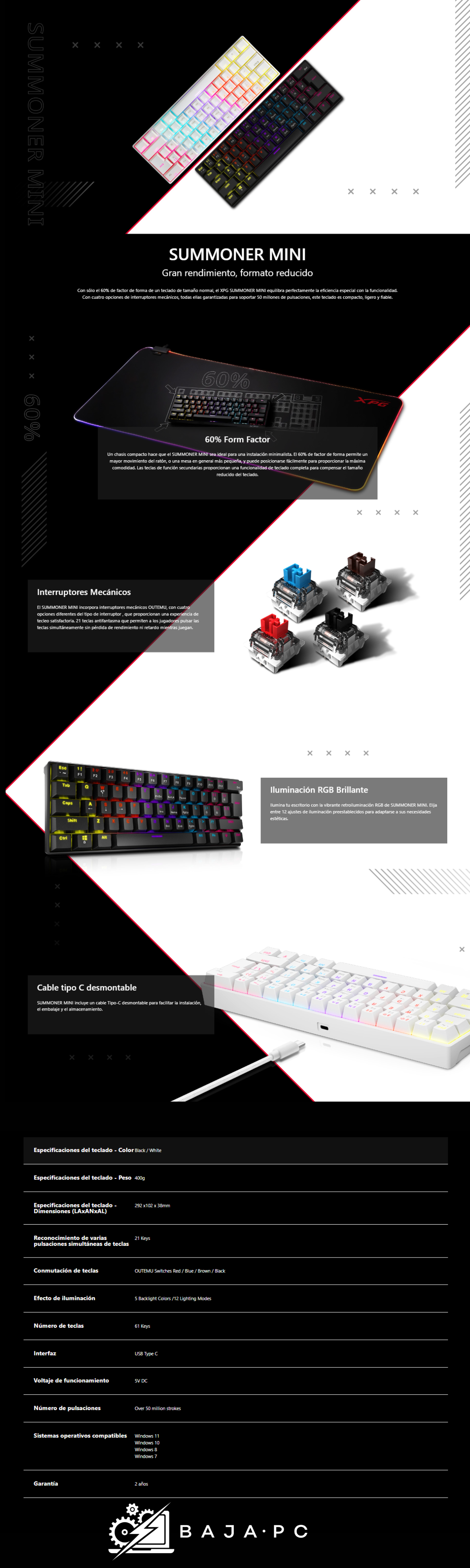 Teclado Gamer Mecanico XPG SUMMONER MINI Switch Blue / 60% / RGB / Español / USB / Blanco / SUMMONERMINI61BL-WHCES/