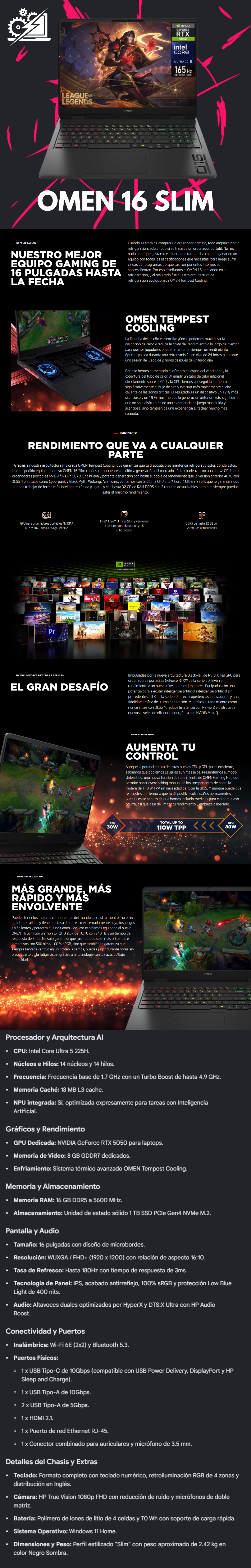Laptop Gamer HP Omen Slim, 16" 1920x1200 WUXGA, Intel Core Ultra 5 225H, NVIDIA GeForce RTX 5050, 16GB, 1TB SSD, Windows 11 Home, Inglés