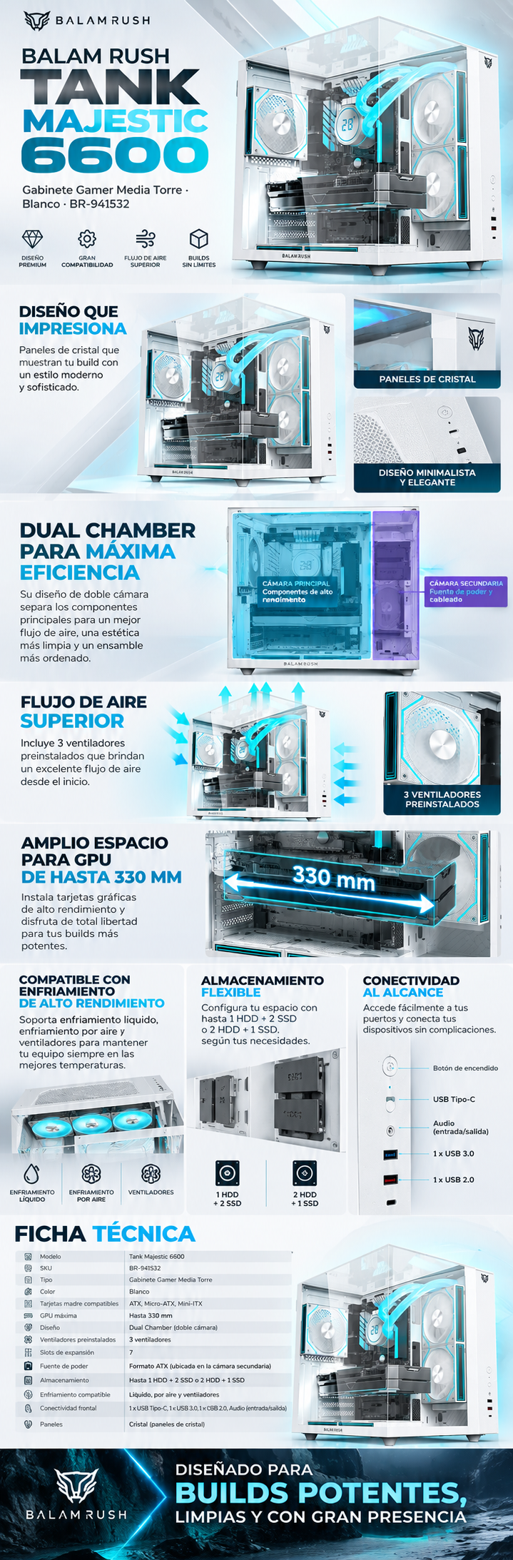 Gabinete Balam Rush Tank Majestic 6600 / Midi-Tower / ATX/Micro-ATX/ ITX / USB 2.0/3.0 / Sin Fuente / 3 Ventiladores Instalados / BR-941532