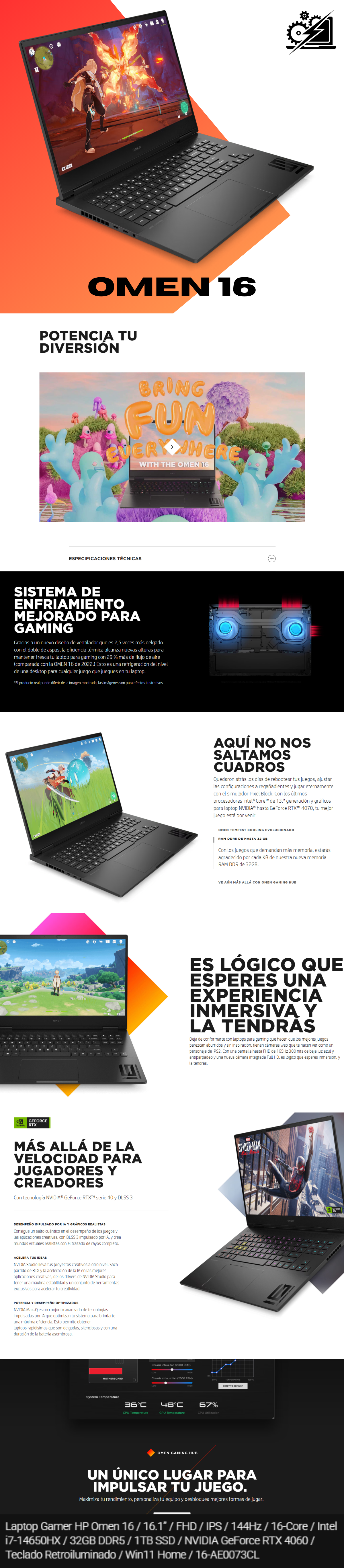 Laptop Gamer HP Omen 16 / 16.1” / FHD / IPS / 144Hz / 16-Core / Intel i7-14650HX / 32GB DDR5 / 1TB SSD / NVIDIA GeForce RTX 4060 / Teclado Retroiluminado / Win11 Home / 16-AE0073CL