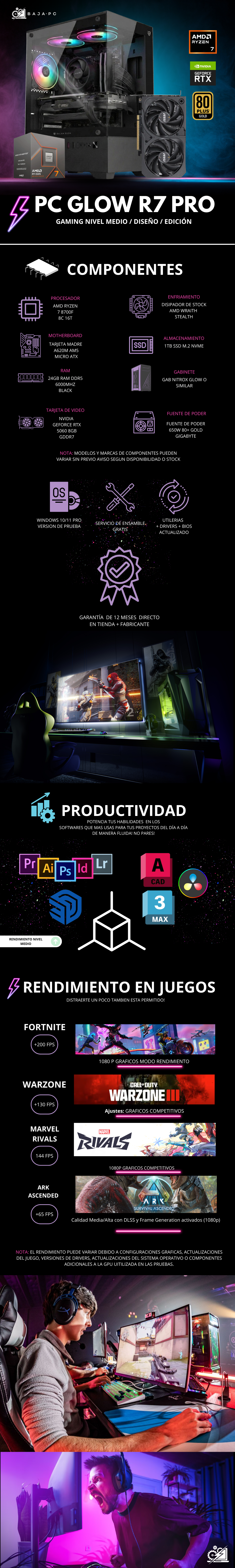 PC GLOW R7 PRO / AMD RYZEN 7 8700F / RTX 5060 / 24GB RAM DDR5 / 1TB SSD NVME / A620M / FUENTE 650W 80+ GOLD / W11 PRO / PROMOCION