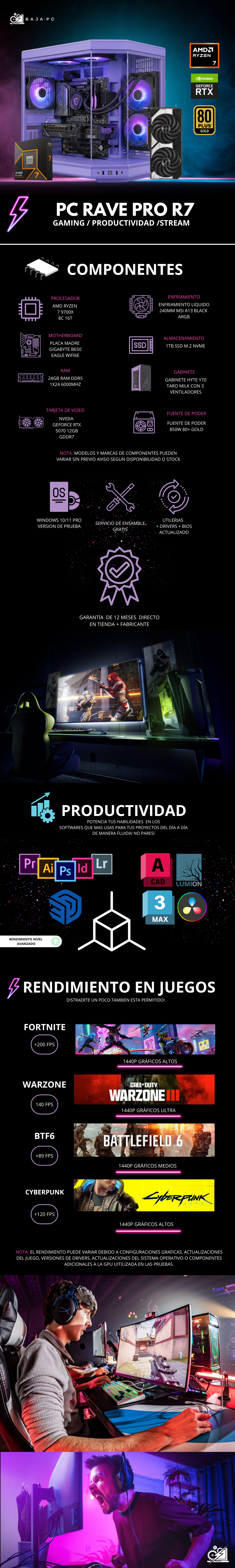 PC RAVEN PRO R7 / AMD RYZEN 7 9700X / RTX 5070  / 24GB RAM DDR5 / 1TB SSD NVME / B650 / ENFRIAMIENTO LIQUIDO 240MM / FUENTE 850W 80+ GOLD / W11 PRO / PROMOCION