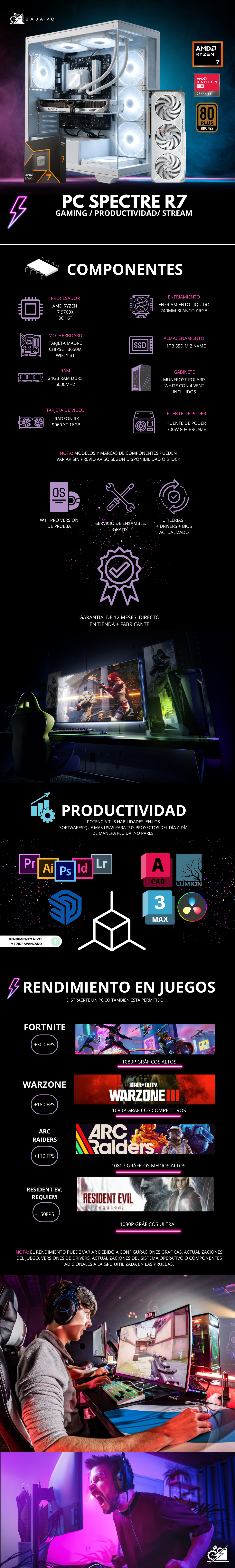 PC SPECTRE R7 / AMD RYZEN 7 9700X / RX 9060 XT 16G / 24GB RAM DDR5 / 1TB SSD NVME / ENFRIAMIENTO LIQUIDO 240MM / FUENTE 700W 80+ BRONZE / W11 PRO / PROMOCION