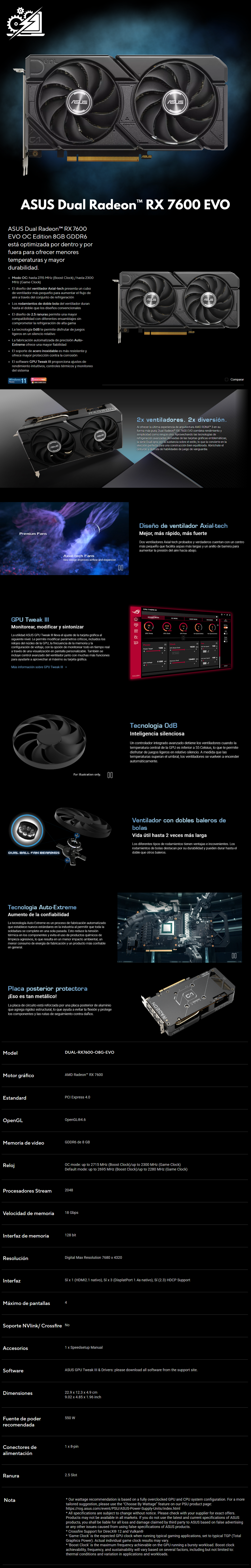 Tarjeta de Video ASUS Dual Radeon RX 7600 EVO OC Edition / 8GB GDDR6 / PCIe 4.0 / 1xHDMI / 3xDisplayPort / DUAL-RX7600-O8G-EVO