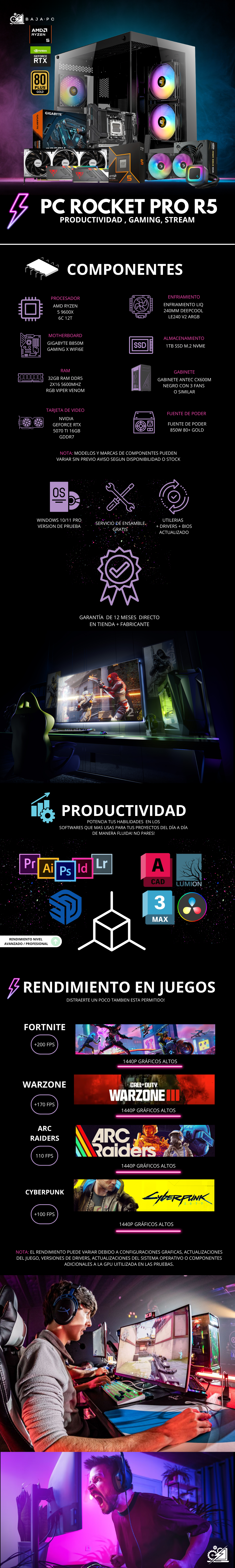 PC ROCKET PRO R5 / AMD RYZEN 5 9600X / RTX 5070 TI / 32GB RAM DDR5 / 1TB SSD NVME / ENFRIAMIENTO LIQ 240MM / FUENTE 850W 80+ GOLD / W11 PRO / PROMOCION