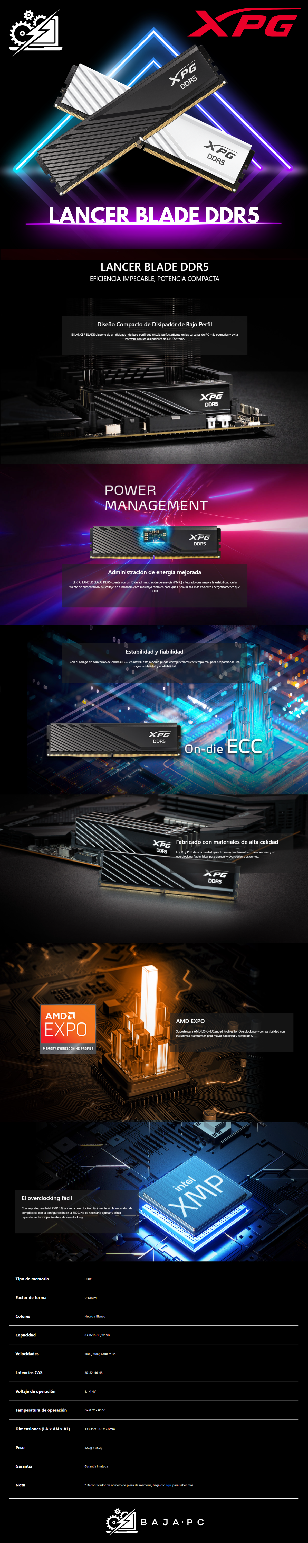 Memoria RAM XPG Lancer Blade / 16GB / DDR5 / 6000Mhz / BLANCA / AX5U6000C4816G-SLABWH