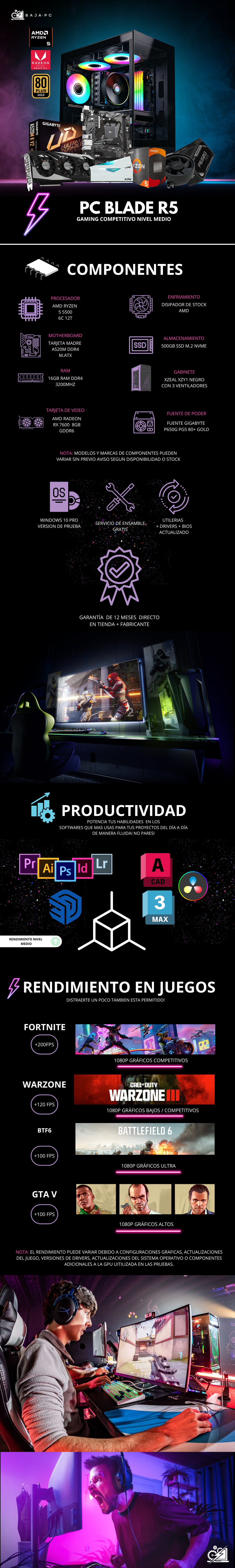 PC BLADE R5 / AMD RYZEN 5 5500 / RADEON RX 7600 8GB / 16GB RAM / 500GB SSD NVME / FUENTE 650W 80+ GOLD / W11 PRO / PROMOCION