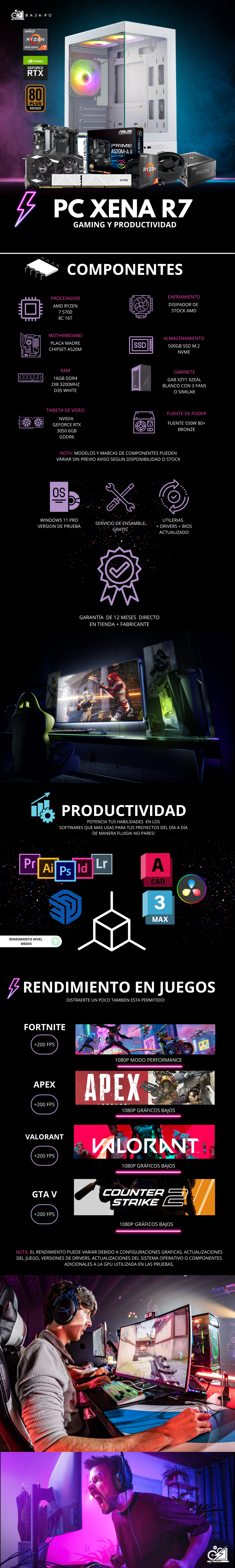 PC XENA R7 / AMD RYZEN 7 5700 / RTX 3050 / 16GB RAM / 500GB SSD NVME / A520M / FUENTE 550W 80+ BRONZE/ W11 PRO / PROMOCION